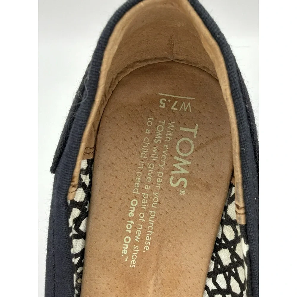 TOMS Womens 7.5 Black Canvas Peep Toe Espadrille Wedge Heels Slip On Shoes